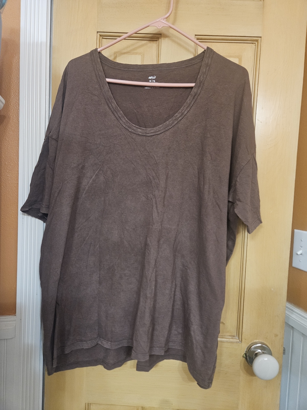 aerie Brown Scoop Neck Slightly Distressed, Oversized Short Sleeve Tee